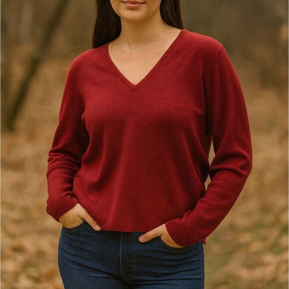 Sweater V-neck M Nylon Red Basic L/S Office Siren Elegant Romantic Stretch - Picture 1 of 6